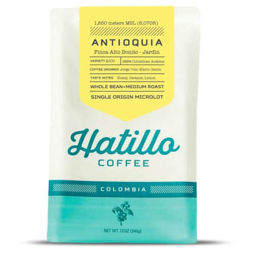 Catalogue image of a Hatillo Coffee's 12 oz bag of single origin micro-lot colombian coffee from La Loma farm near Jardin, Antioquia