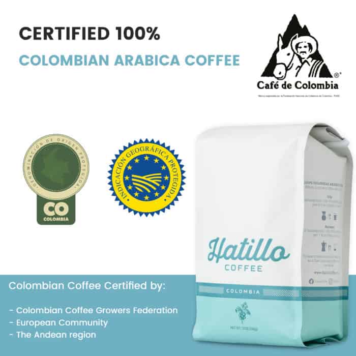 infographic showing that Hatillo Coffee's single origin specialty coffee is 100% certified colombian arabica coffee and the organizations that certify it