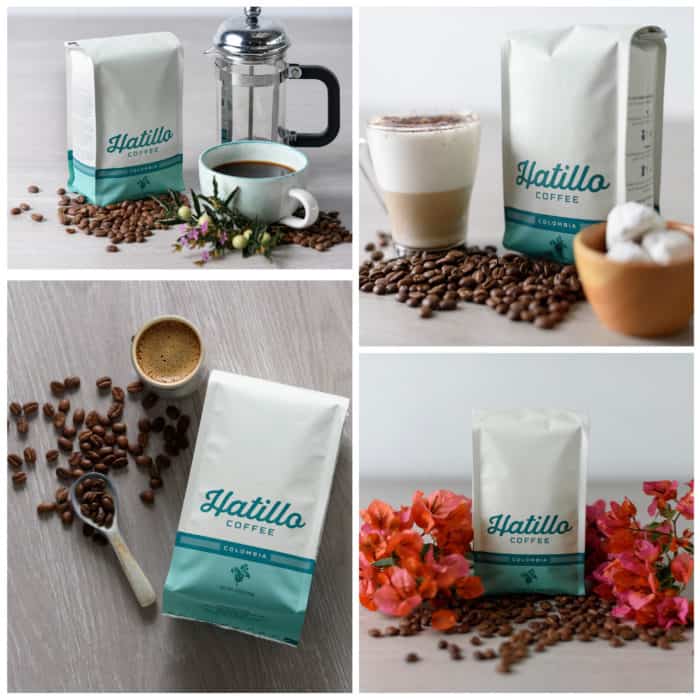 four pictures of hatillo coffee's single origin 12 oz specialty coffee bag with served drinks and sweet treats