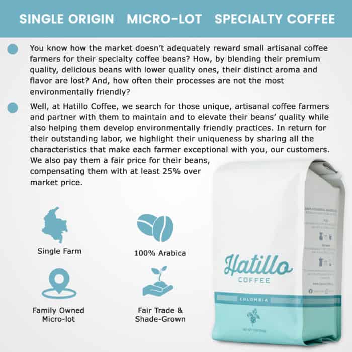infographic showing the characteristics behind Hatillo Coffee's colombian fair trade specialty coffee beans
