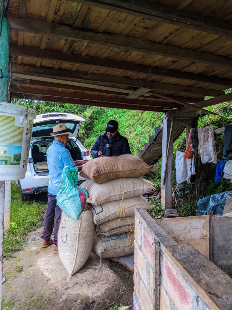 pciture showing Don Jorge Marin, Alto Bonito's coffee farmer, and Jaime Rodriguez, Hatillo Coffee's co-founder and CEO, checking the specialty beans' moisture content before loading several coffee bags in the car