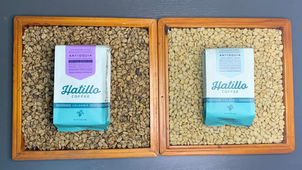 picture showing the difference between honey processed parchment coffee and washed parchment coffee. The honey processed coffee is shown on the left and the washed coffee on the right, both specialty coffee processes have a corresponding Hatillo Coffee bag laying on top the parchment coffee beans