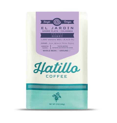 Catalogue image of a Hatillo Coffee's 12 oz bag of single origin micro-lot specialty coffee honey processed in El Jardin farm near Gomez Plata, Antioquia Colombia