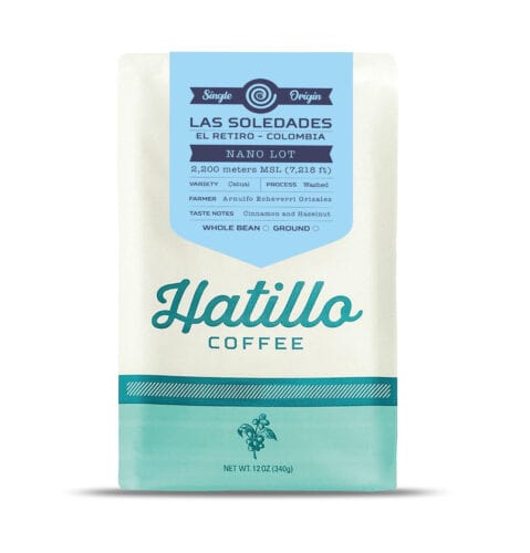 Catalogue image of a Hatillo Coffee's 12 oz bag of single origin nano-lot gourmet coffee from Las Soledades farm in El Retiro, Antioquia