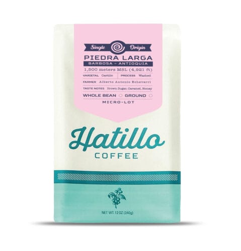 Catalogue image of a Hatillo Coffee's 12 oz bag of single origin micro-lot premium coffee from Piedra Larga farm in Barbosa, Antioquia